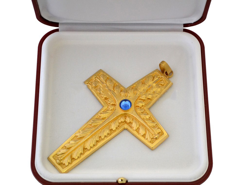 Croce Pettorale con foglia e pietra blu